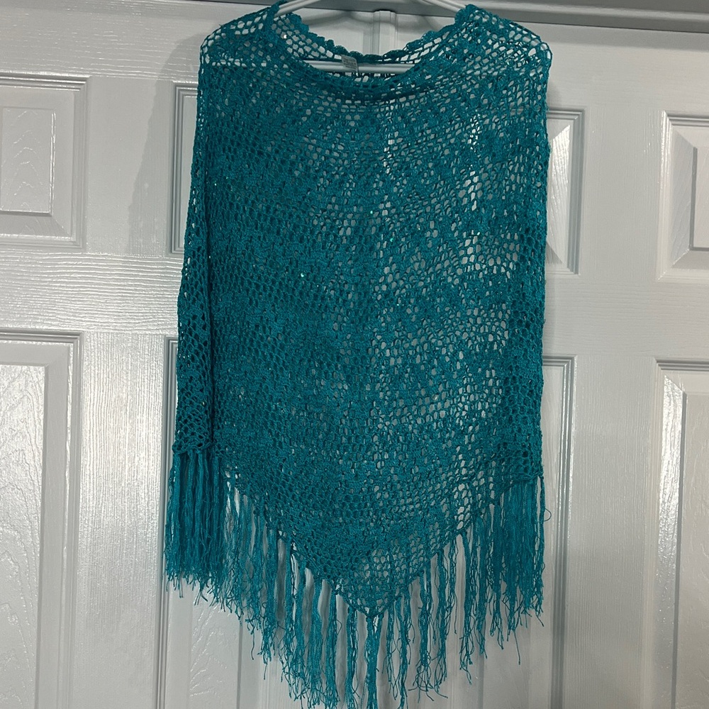 Teal Fringe Knit Women's Poncho